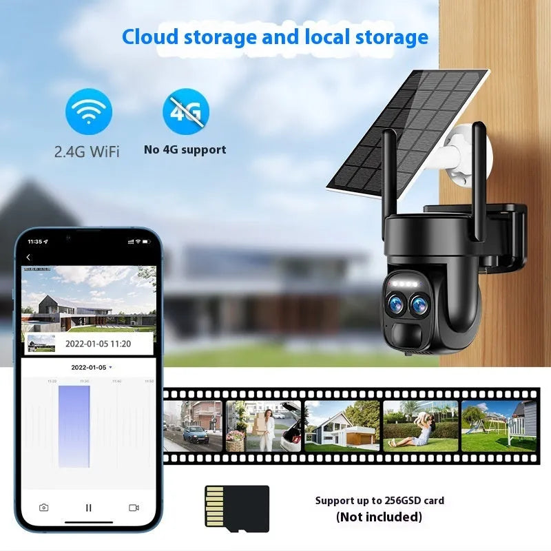Solar-powered outdoor surveillance camera with 8x zoom lens for household security monitoring