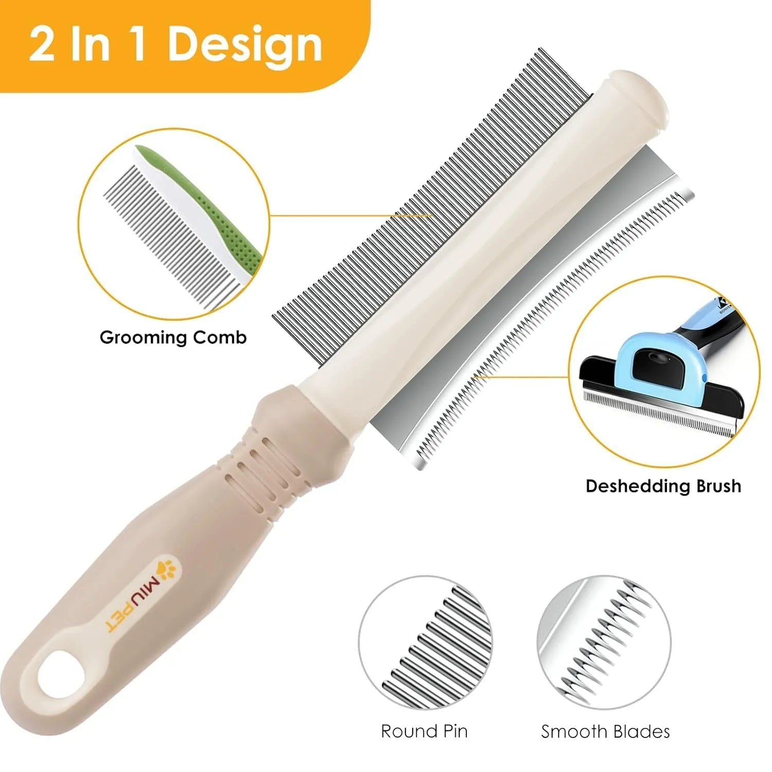 White double-sided dog and cat brush with ergonomic handle showing comb and deshedding sides