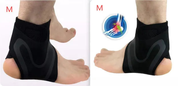 Ankle support protective cover for sports, shown in left and right foot specific sizes.