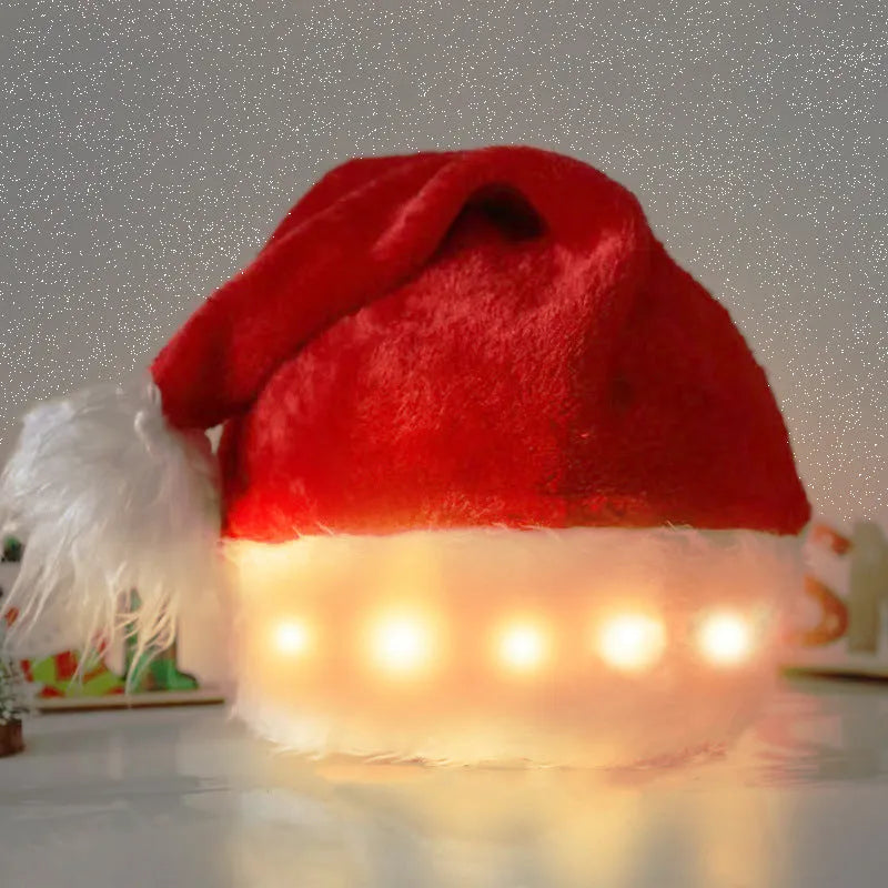 Red and white plush Santa hat with 20 multicolour LED lights glowing around its base and a white pom pom.