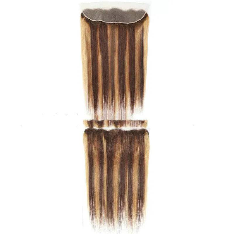 Human hair wig piece with long straight hair and side bangs in 8A bundle bubble hair, piano colour effect, 8-32 inch lengths