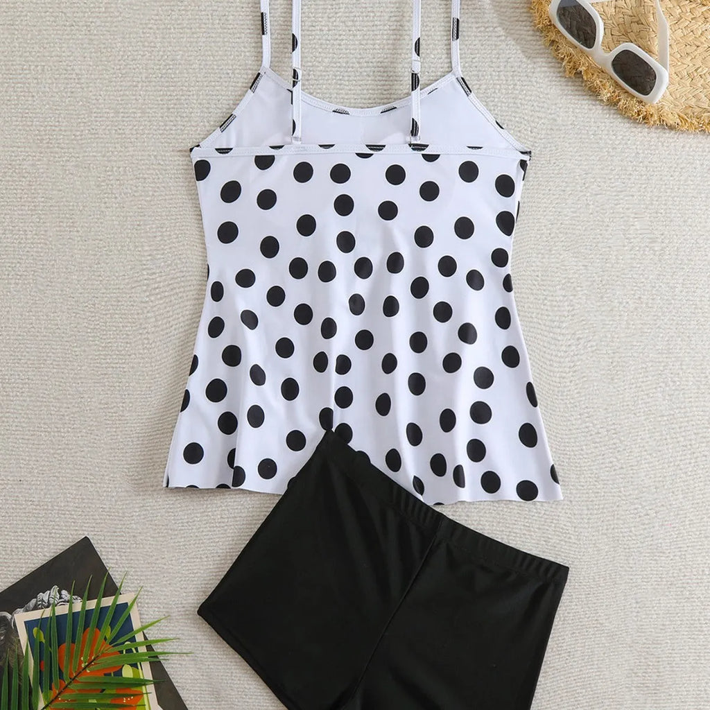 Black and white double-shoulder strap high waist backless boxers split swimsuit for women
