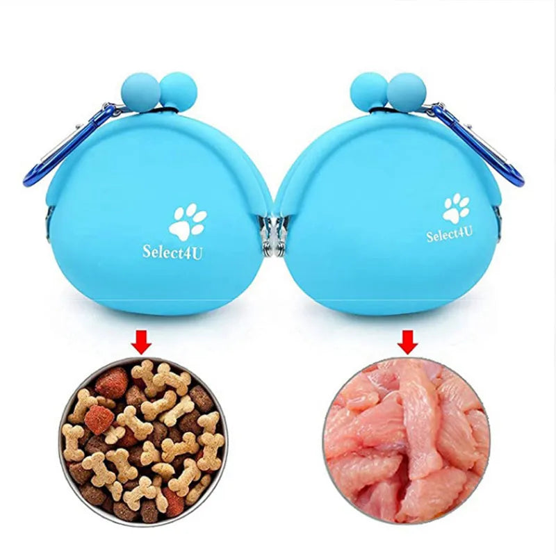 Silicone dog training treat pouch with hook-and-loop strap in blue, green, orange, pink, or yellow