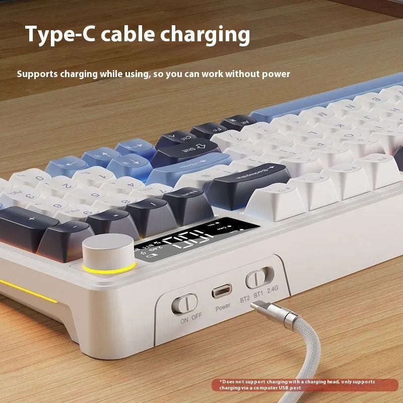 Wireless blue and white mechanical feel keyboard and mouse set on a desk with a Type-C cable.