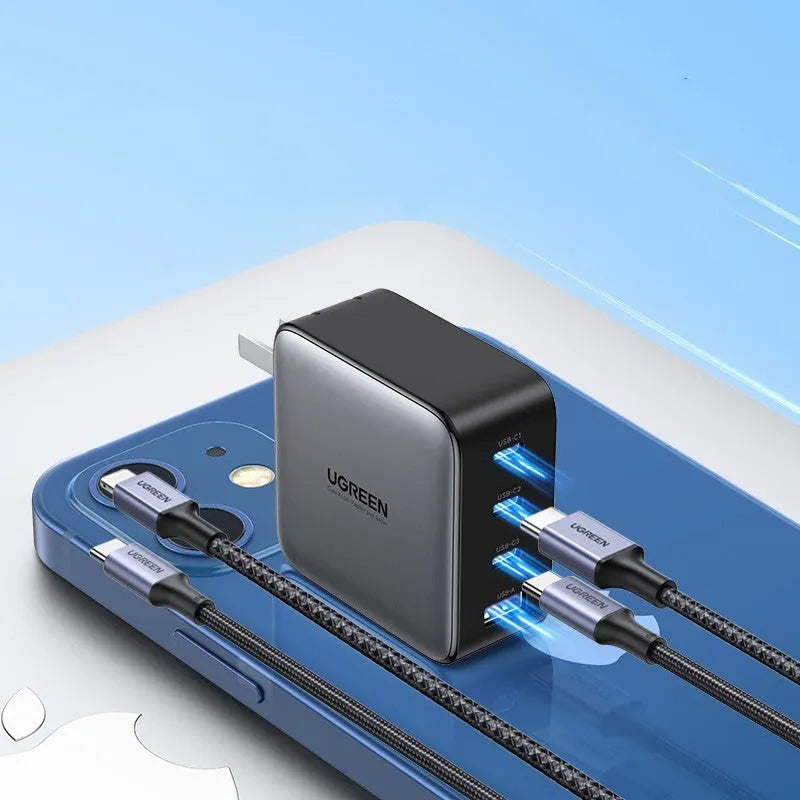 100W Gallium Nitride GaN multi-port USB-C fast charger plug on a table