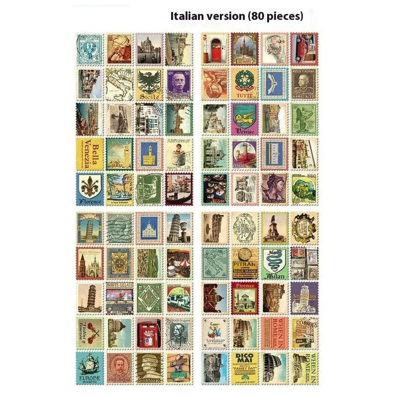 Hand painted stamp stickers 80 pieces with Paris London Italy printed designs for journal decoration