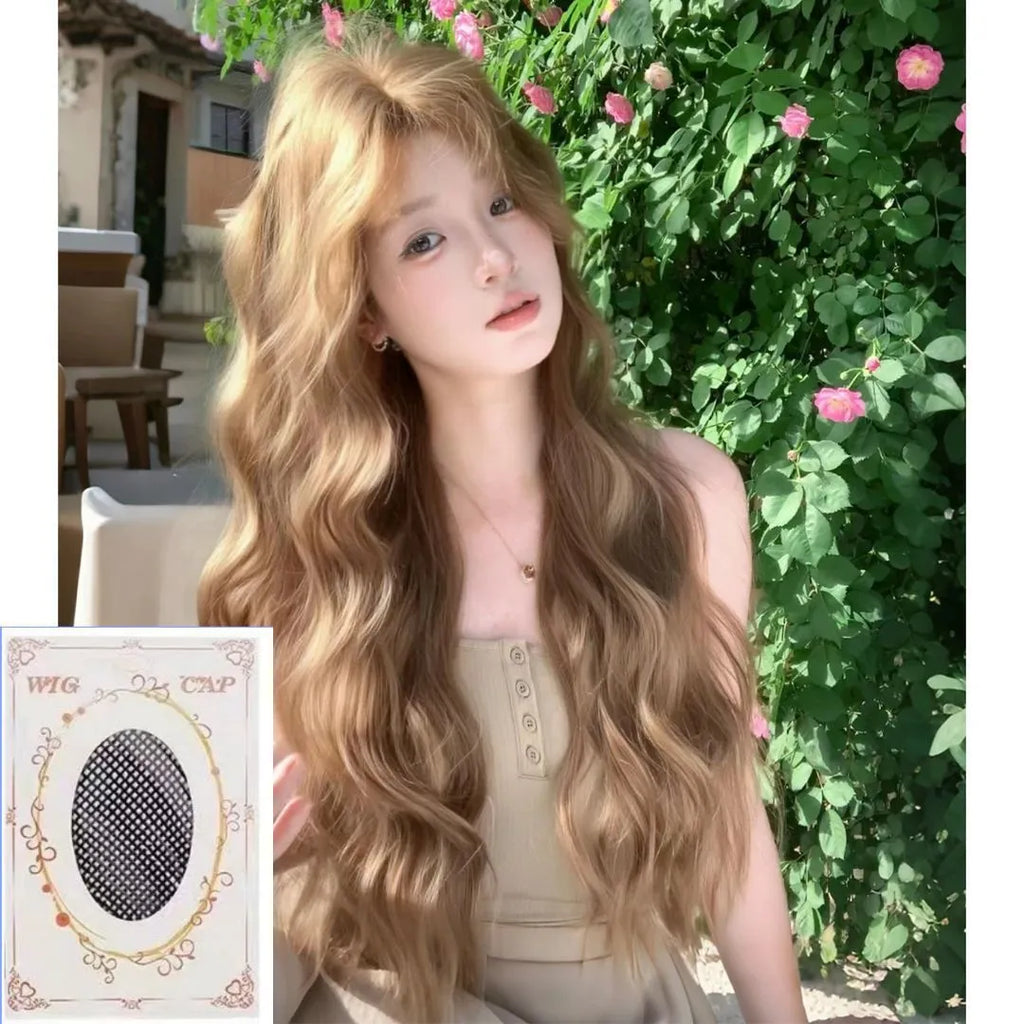 A brown curly synthetic wig with a linen hue and medium length on a wig stand.