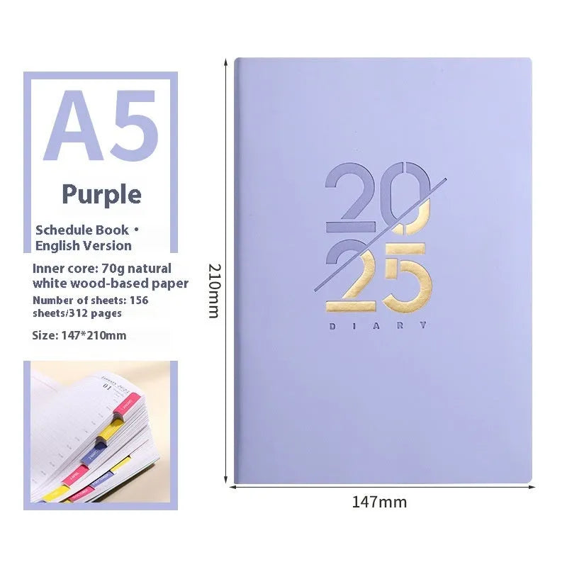 A5 faux leather daily schedule book open showing Dorian paper pages with binding detail