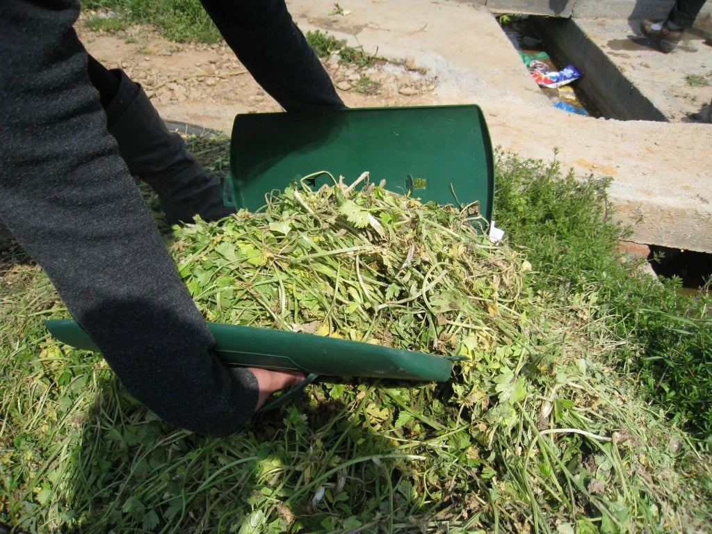 Green plastic garden leaf scoops with hand band, 34x26cm, for collecting leaves and debris