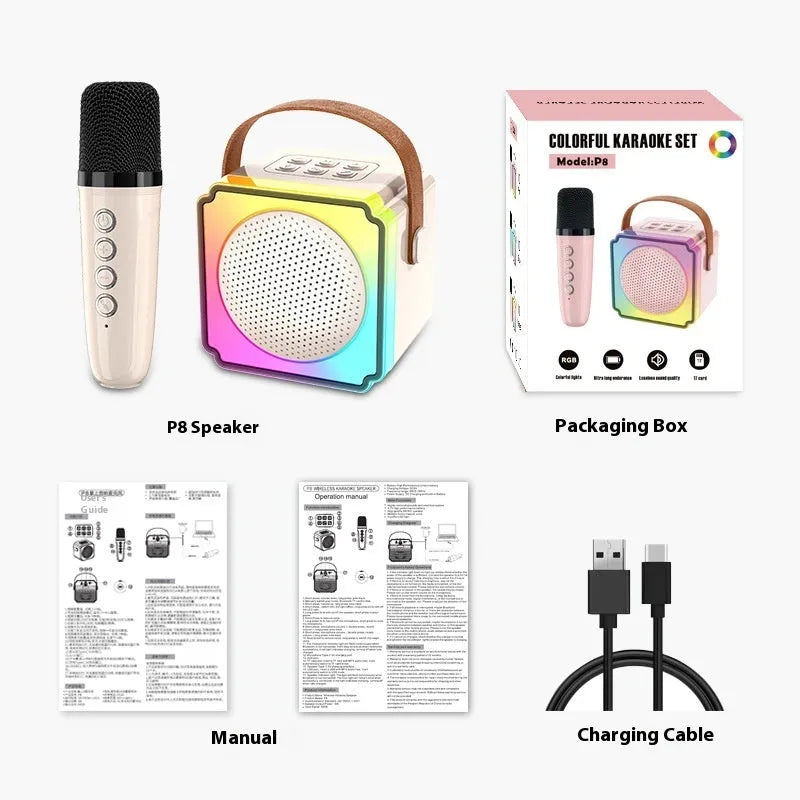 Double microphone karaoke speaker set with USB power and card insertion in creamy-white, pink or light blue