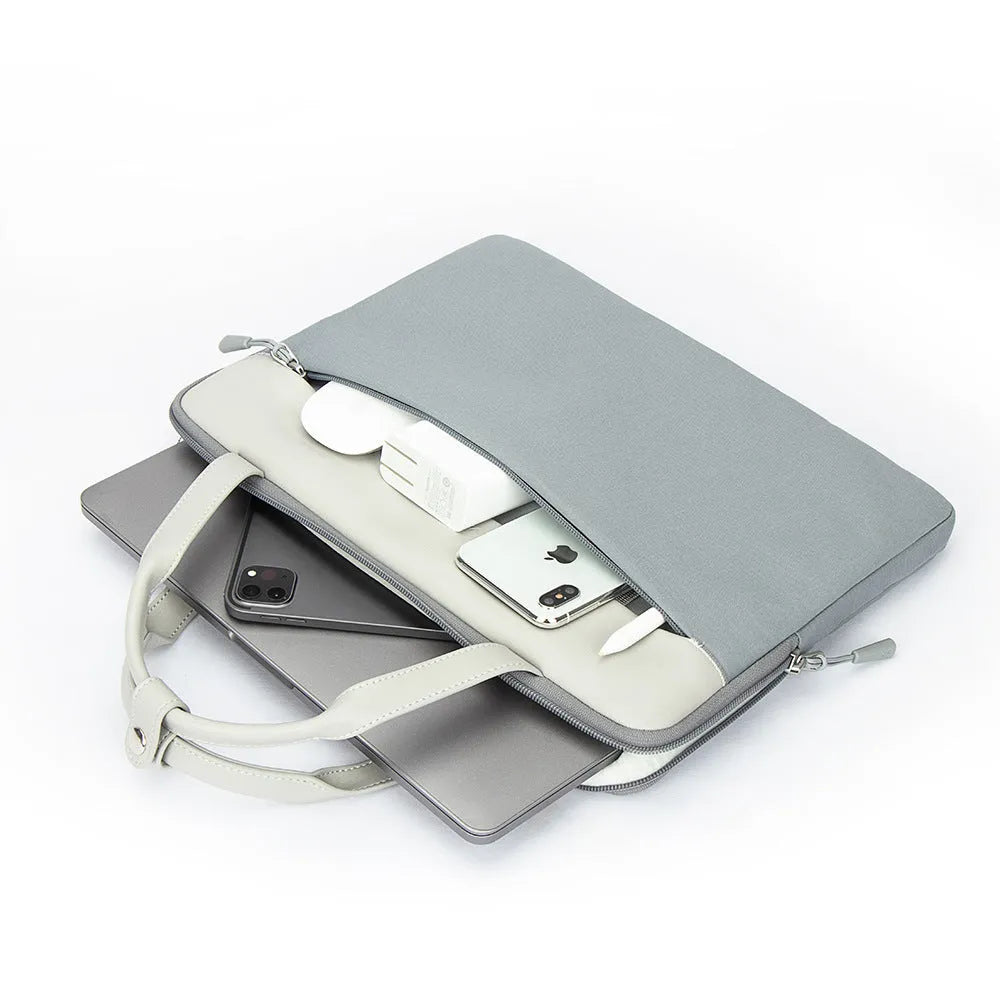 Green polyester laptop bag for 14.2 inch devices with soft handle and zipper pocket