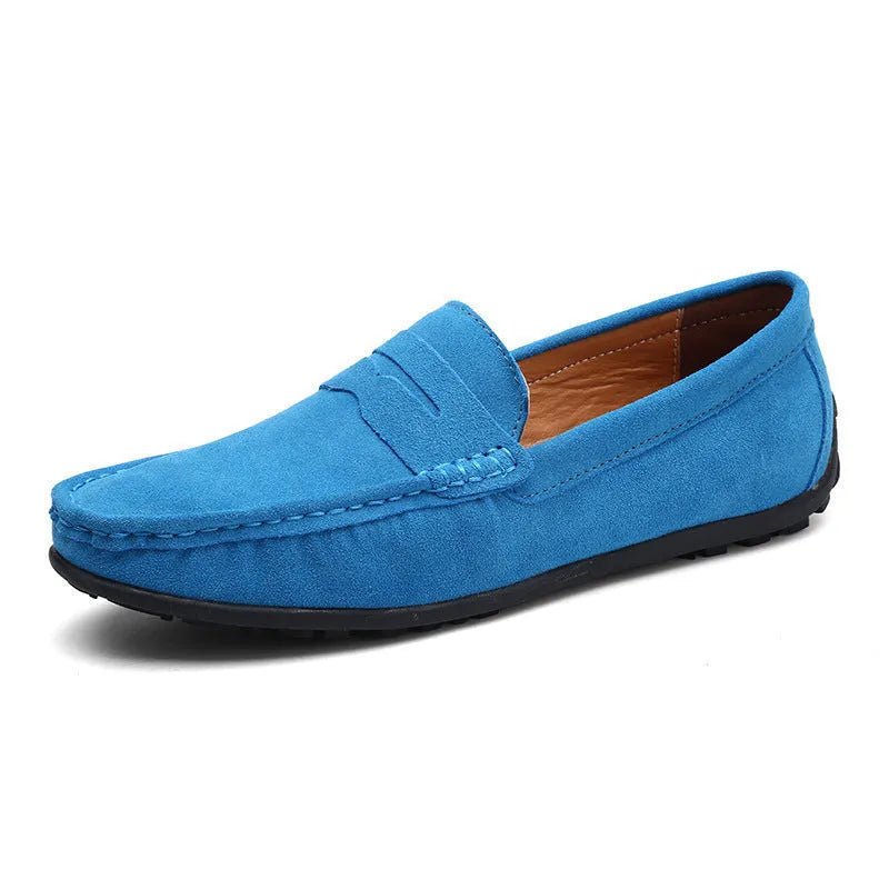 Men's suede Gommino loafers in dark green with round toe, sewing details, and a rubber sole.