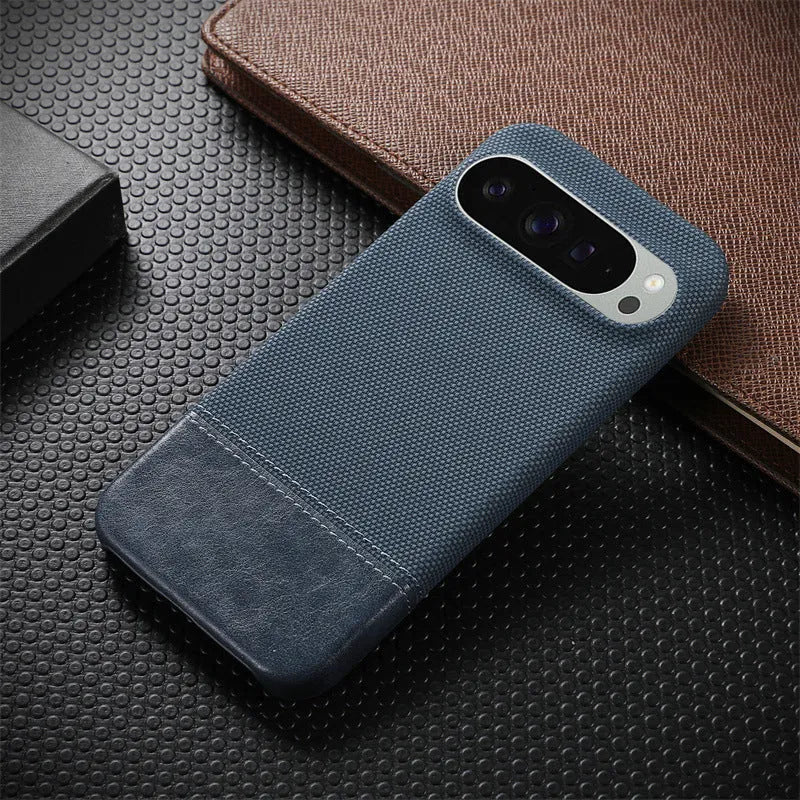 Lambskin anti-fall stitched phone case for Google Pixel 9 Pro XL, black colour, plaid pattern back cover