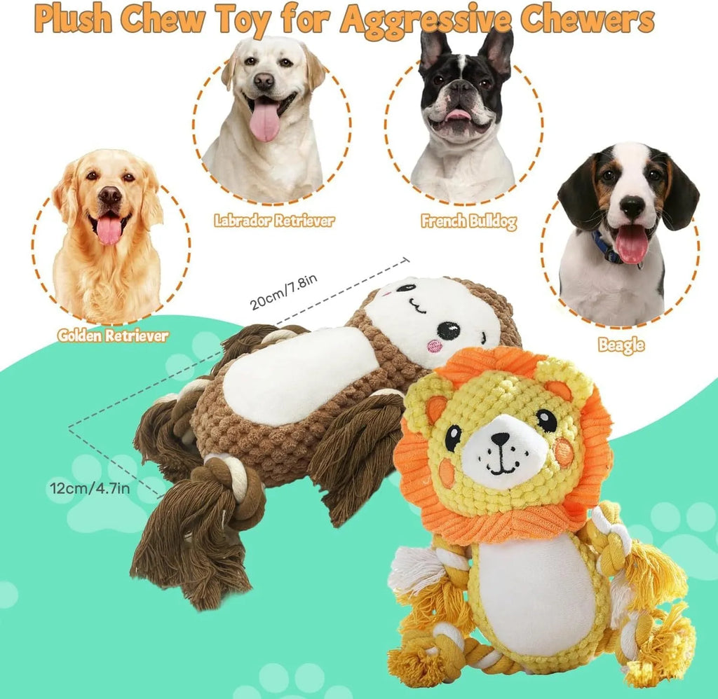 Stuffed squeaky dog toys bundle showing lion and monkey plush designs with internal squeakers