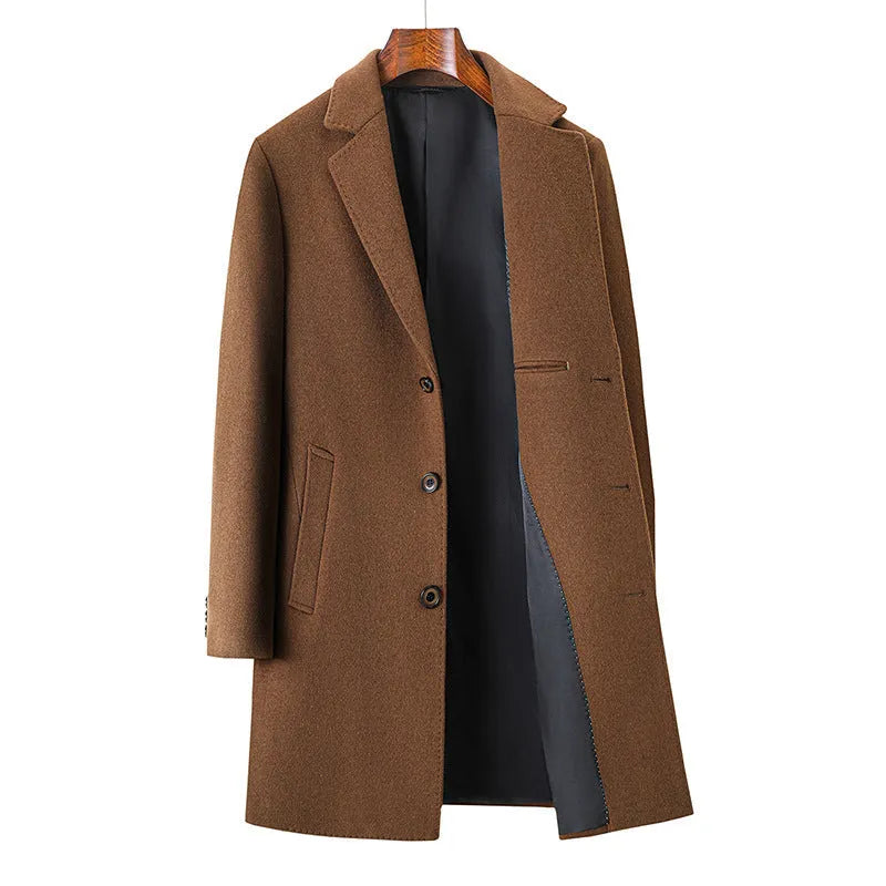 Men's solid colour woolen trench coat in Black with notch lapel, light business style, Asian size 170-195