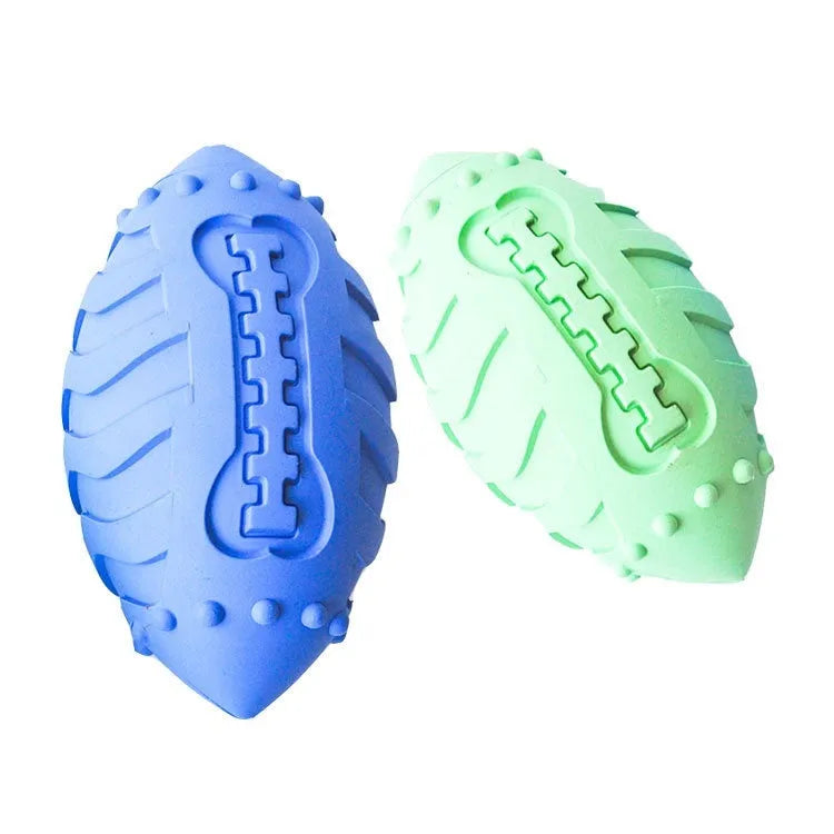 Light green bite-resistant rubber rugby dog toy with interactive vocal feature