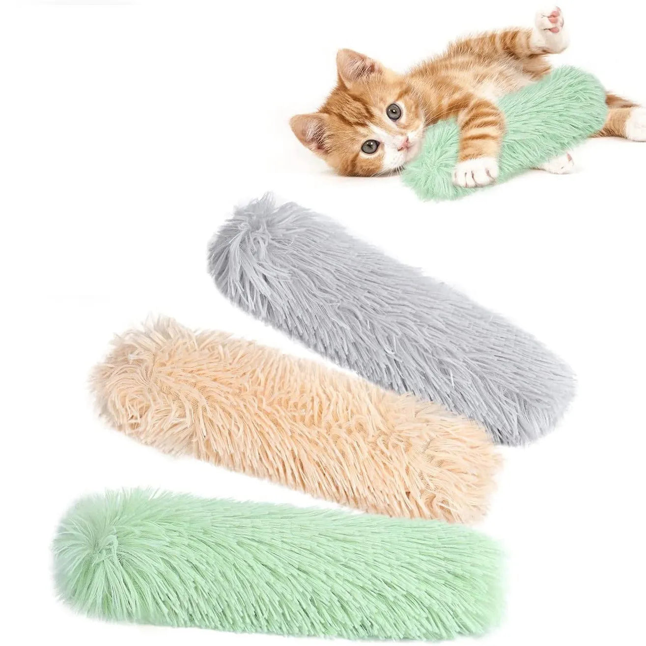 Plush cat toy pillow in green, white, blue, and pink colours measuring 27cm by 10cm