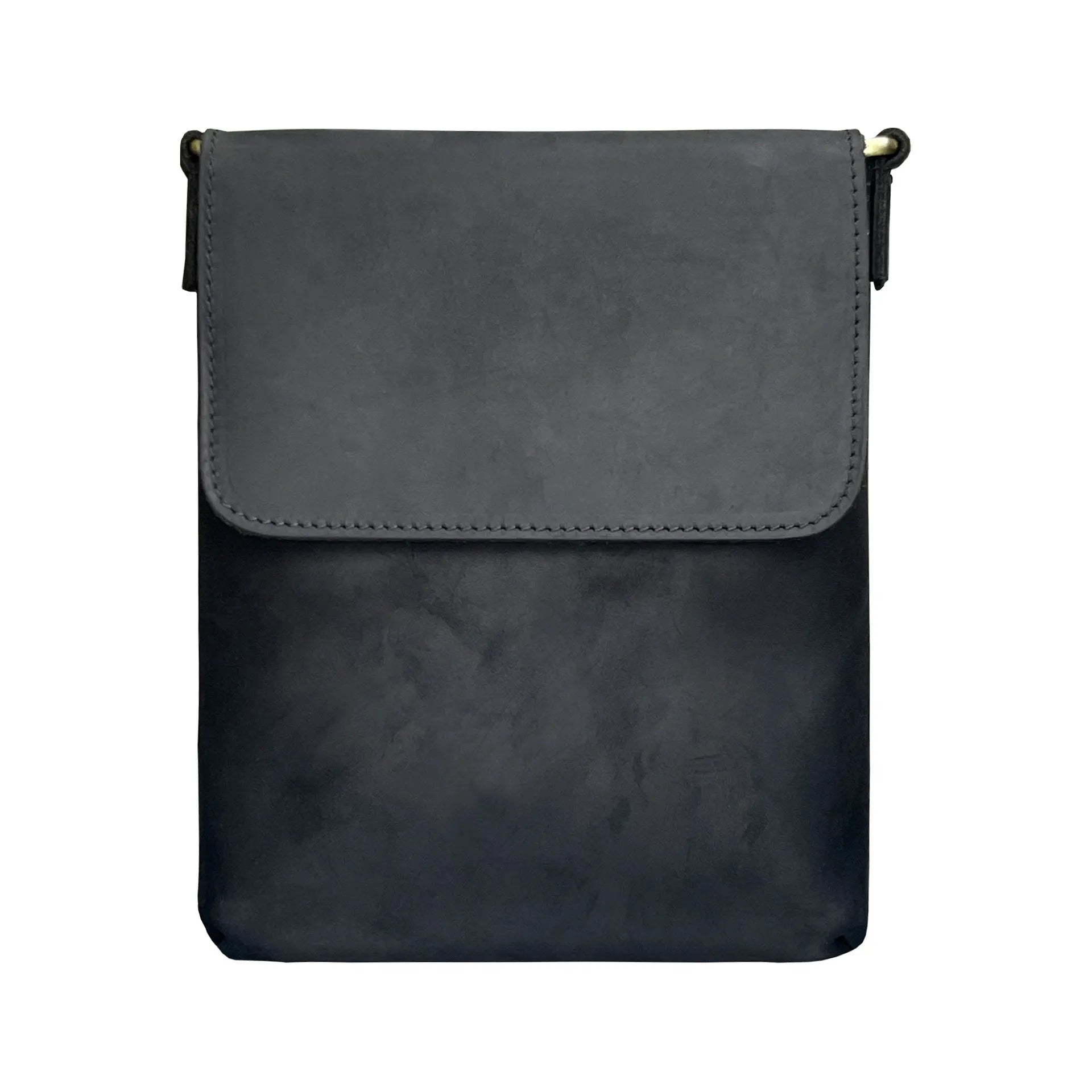 Men's brown Crazy Horse leather crossbody backpack on a plain background, showing retro design and iPad pocket