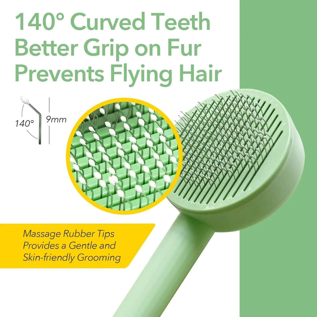 Green and yellow 2-in-1 stainless steel pet deshedding brush with hanging loop