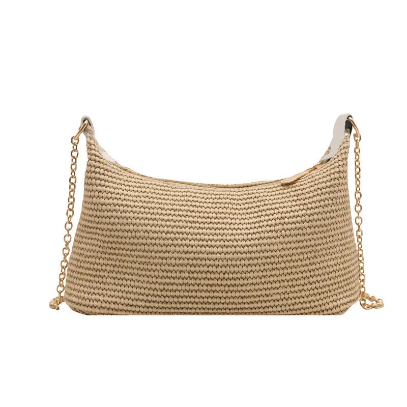 Straw woven square shoulder tote bag with polyester lining and phone compartment in khaki colour