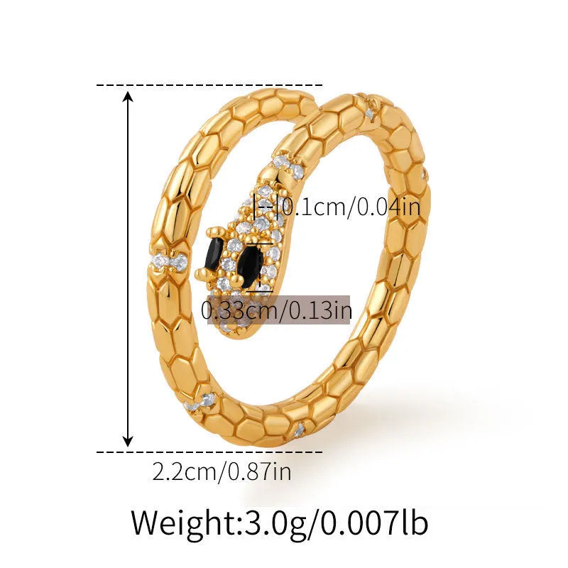 Women's adjustable copper snake ring with 18K gold-colour plating and diamond treatment in KR0201 colour.