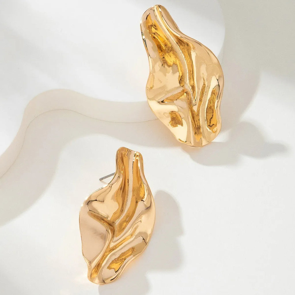 Gold irregular twisted stud earrings with diamond, drop, and geometric shapes, zinc alloy electroplated, one pair for women