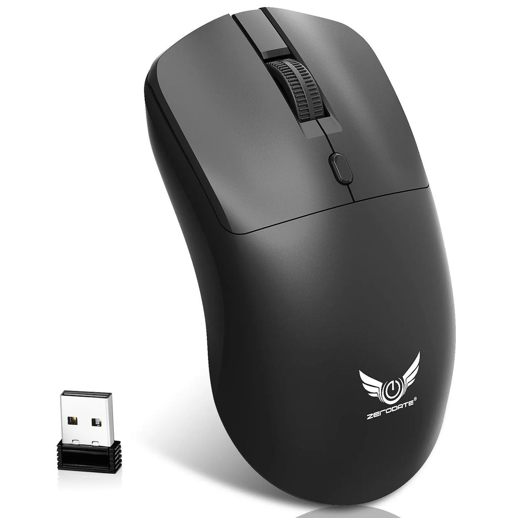 Black wireless mouse with three programmable audio buttons for laptop computers