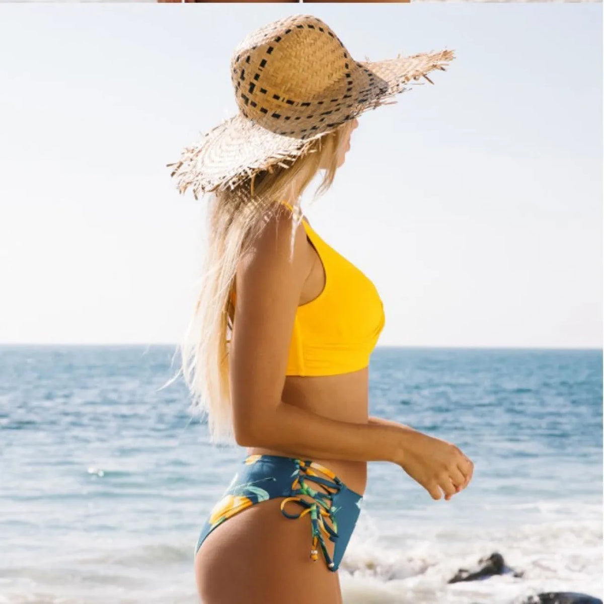 Yellow bikini swimsuit for women, sleeveless briefs style, nylon fabric, cotton blend lining, sizes S to 2XL