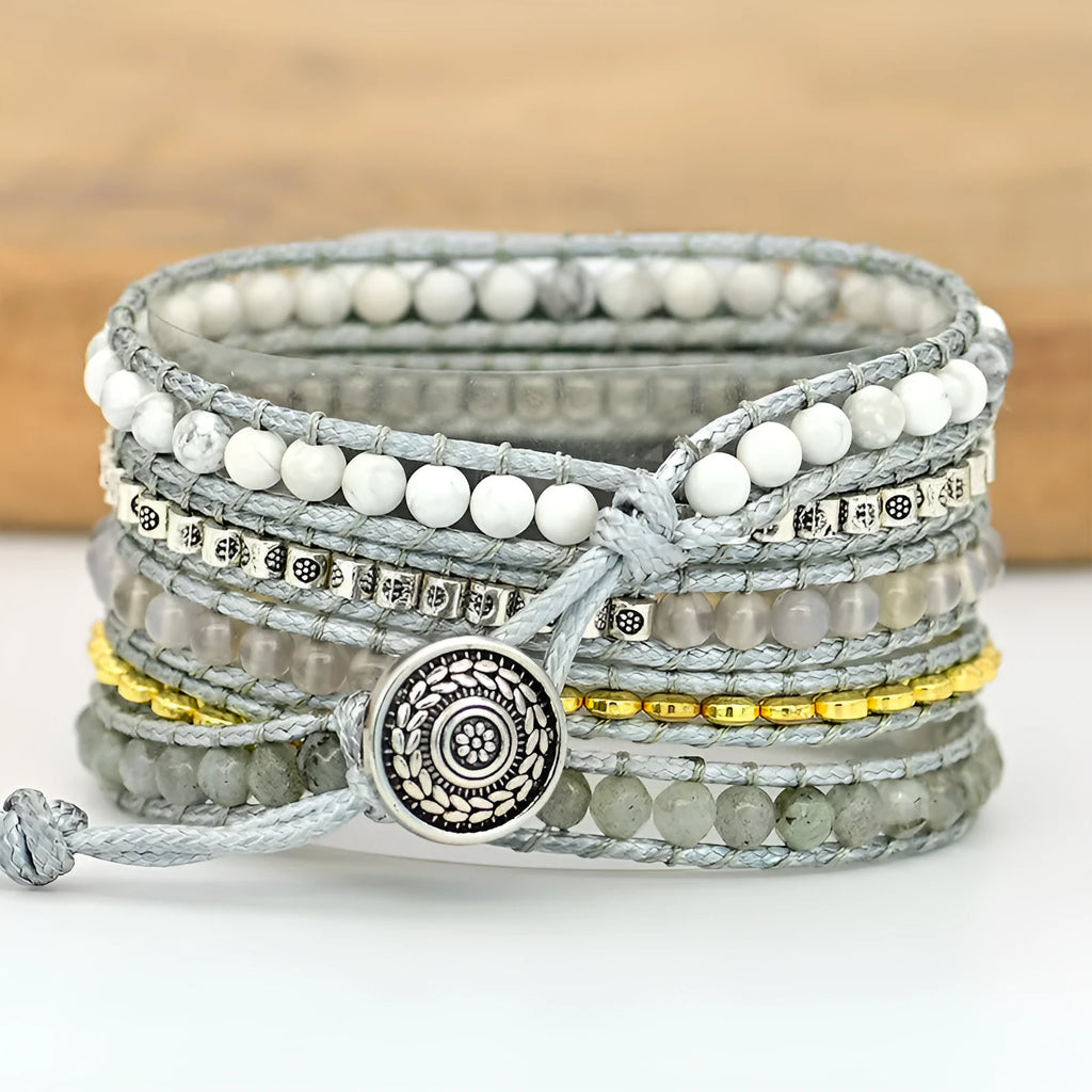 Natural stone beaded crystal watch strap in bohemian style, 38-45mm width, three sizes available