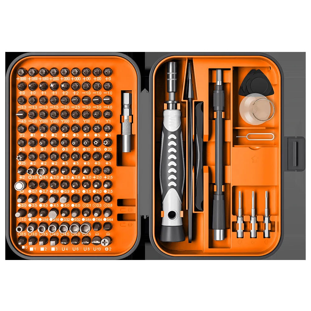 130 In 1 precision screwdriver tool set in orange and blue case with CRV bits
