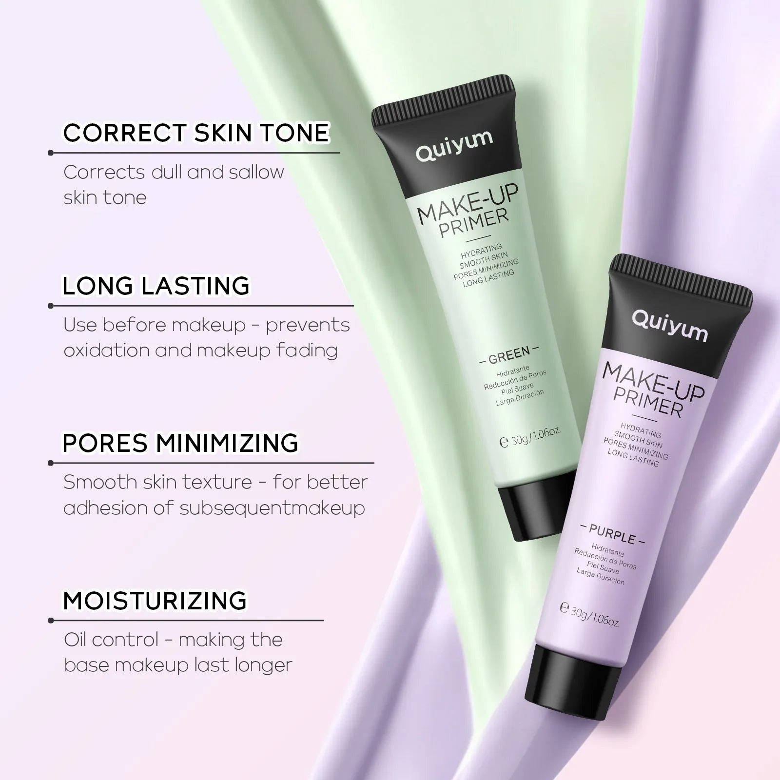 30g colour-correcting makeup primer in green, pink and purple shades