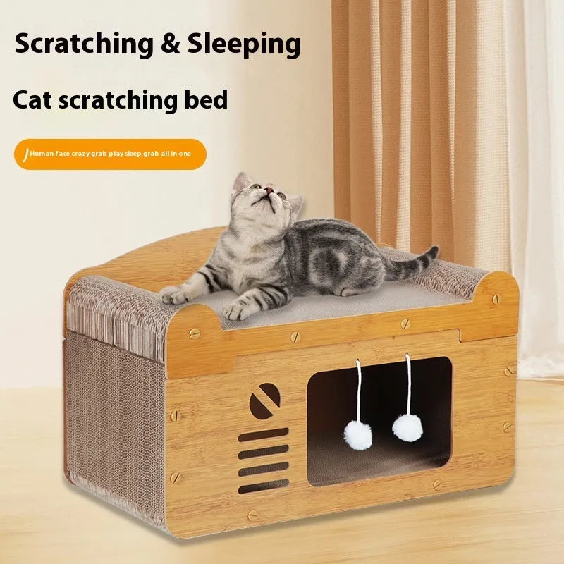 Double-layer corrugated paper cat house with two arched doorways in Double Ball Double Door colour