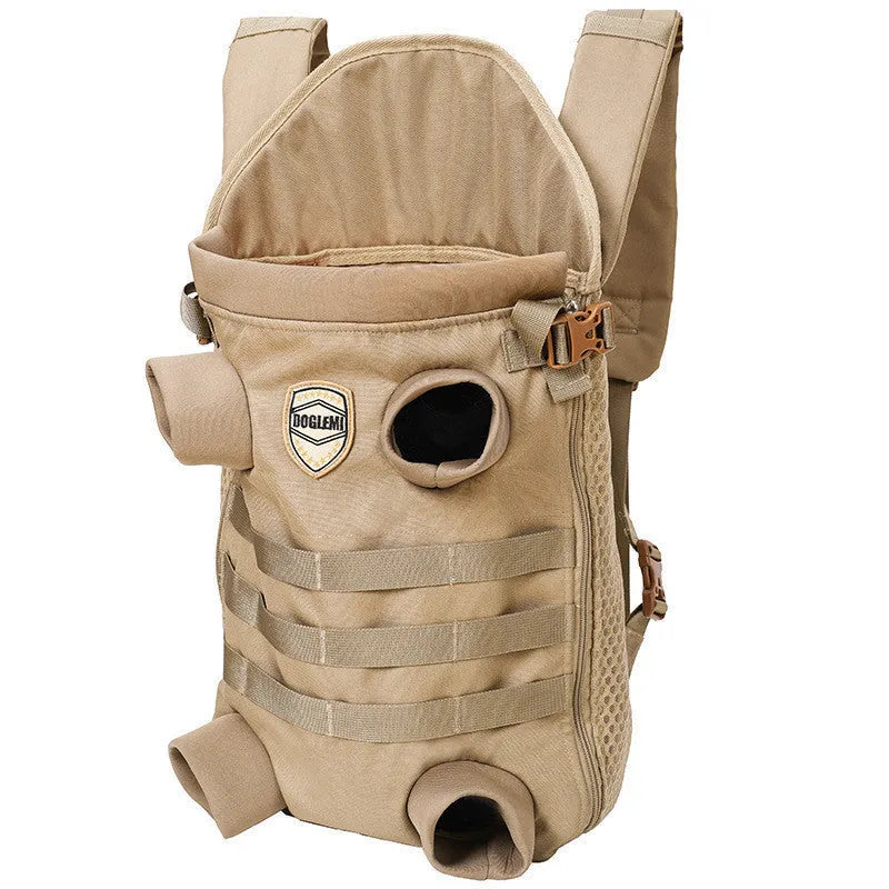 Khaki polyester breathable pet backpack carrier for medium dogs, available in sizes M and L