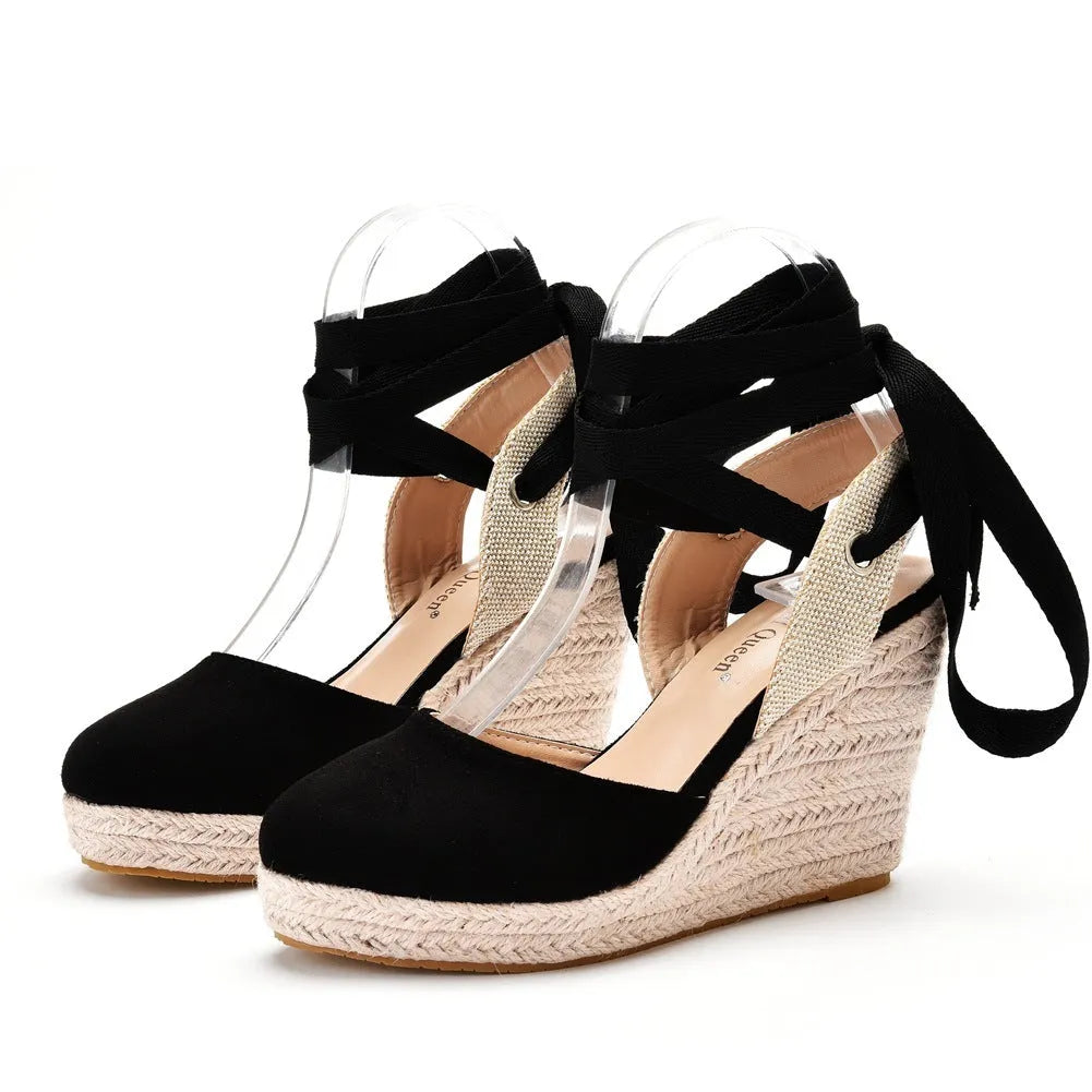 Women's apricot bohemian wedge sandals with beaded tassel, buckle strap, and round toe.
