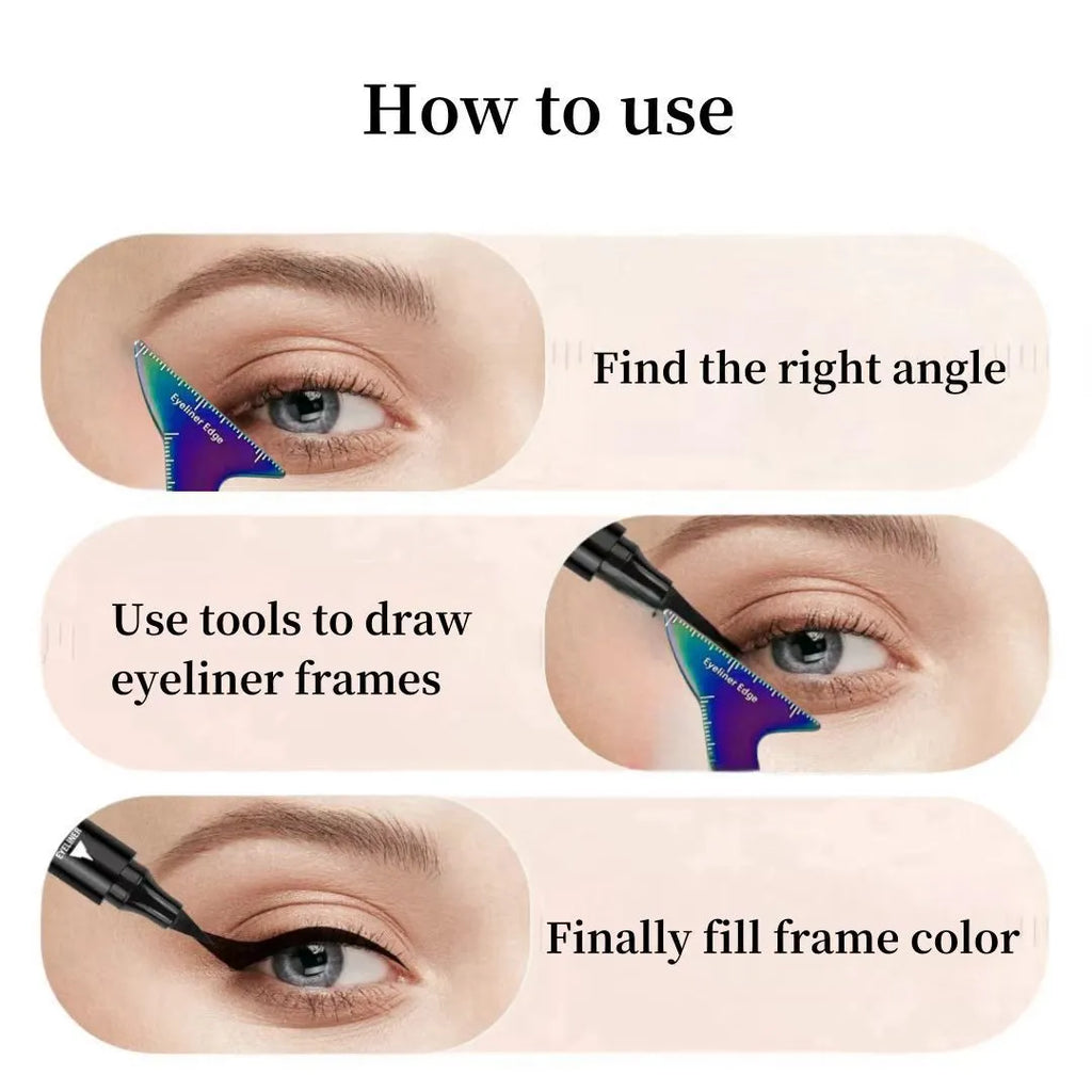 A reusable pink 3-in-1 makeup stencil tool for winged eyeliner, eyebrows, and face contouring on a vanity.