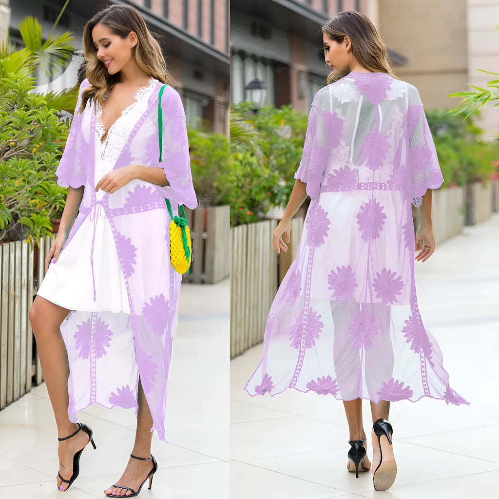 Light purple beach cardigan with lace embroidery, shown as a swimsuit cover-up.