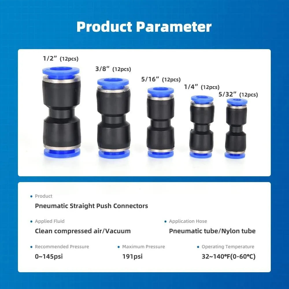 60-piece pneumatic push-in connector kit with alloy plastic construction and R1/4 R1/2 calibres