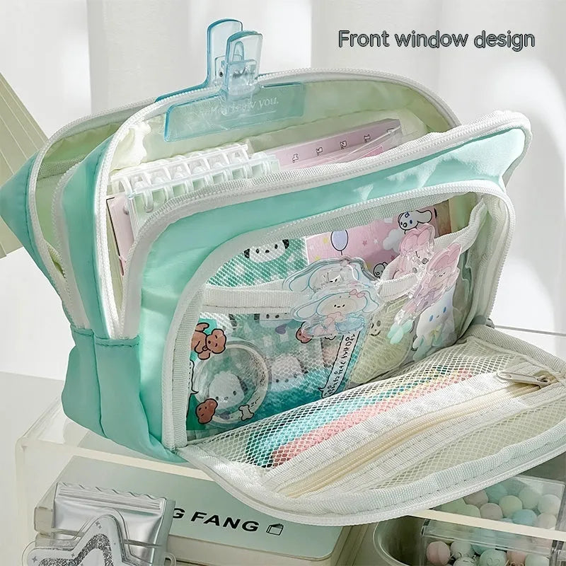Double layer pencil case in blue, cream, green, or pink with gift handle for exam stationery storage