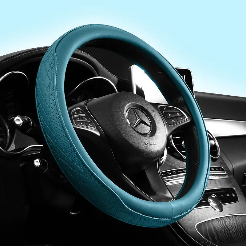 Leather steering wheel cover in navy blue for 38cm car steering wheel