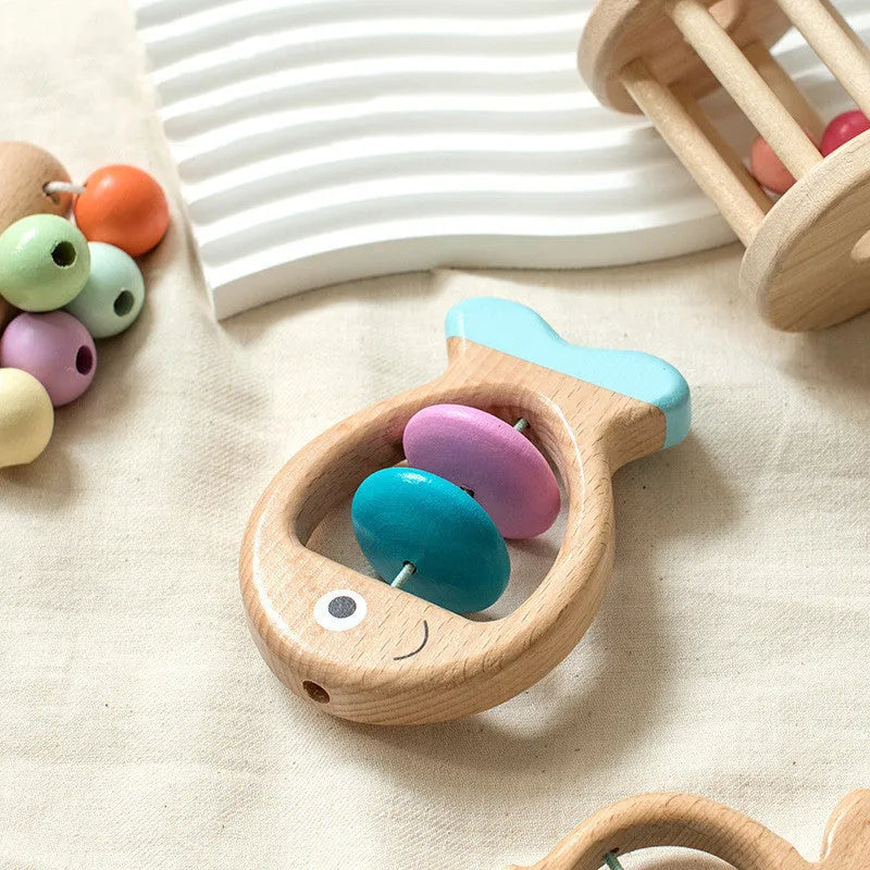 Wooden baby five piece colour ring toy set with ringing toys in leather box for early education