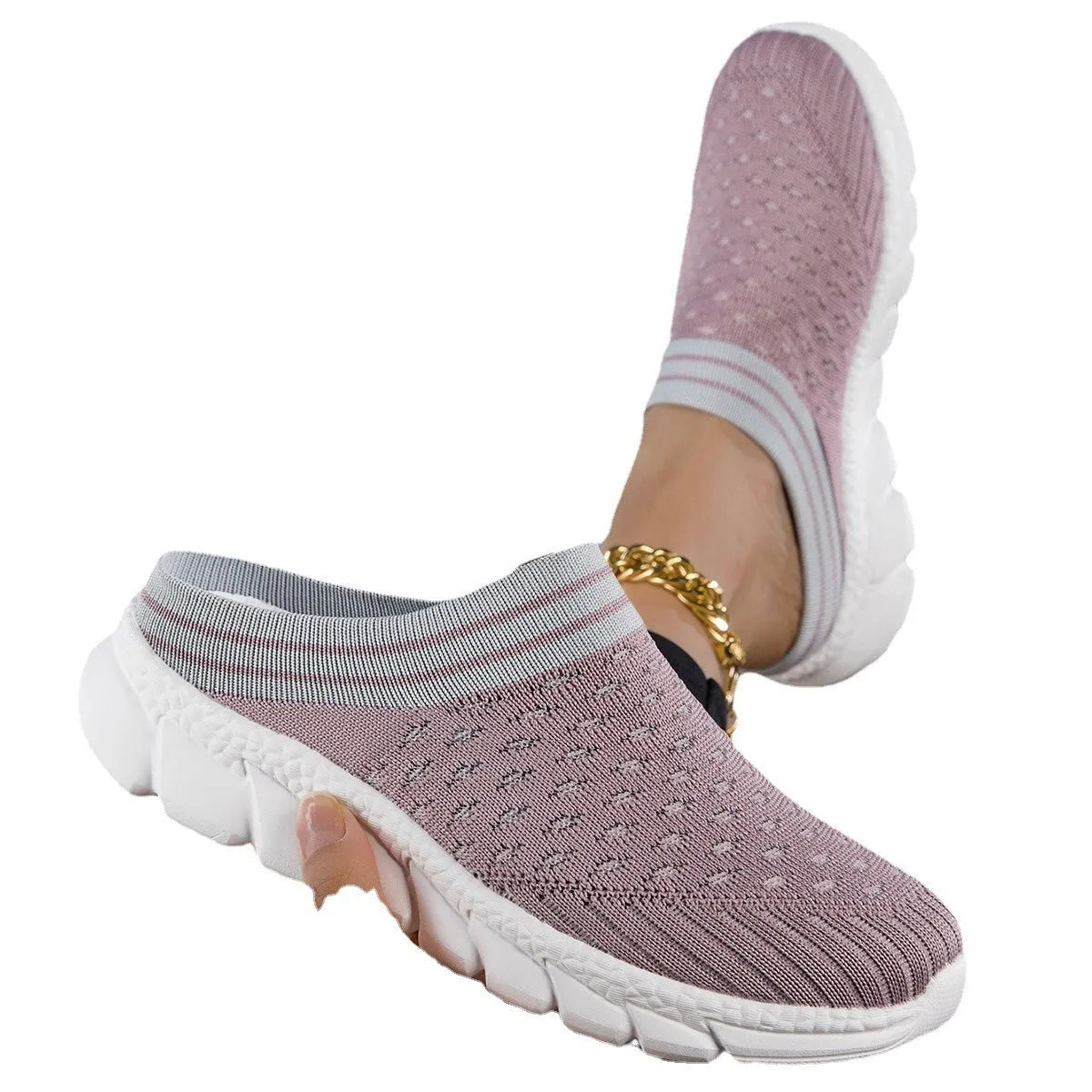 Women's black striped Flyknit slipper shoes with a height-increasing sole on a plain background
