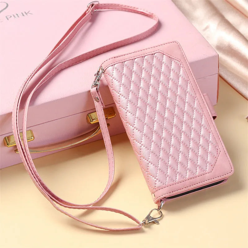 Crossbody plaid zipper phone case for Samsung S23 Ultra with card slots and shoulder strap