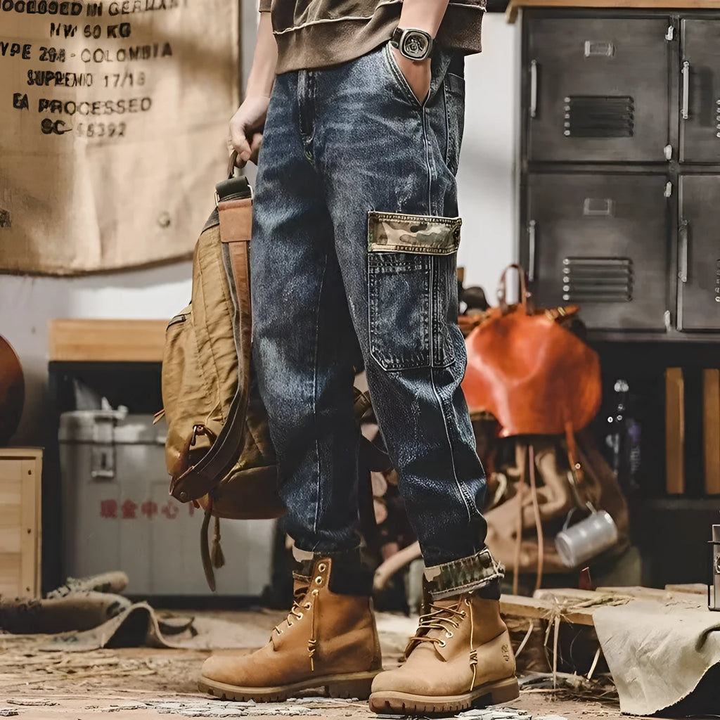 Men's American-style heavy distressed cargo jeans, loose fit, blue cotton denim, 28-36 waist sizes