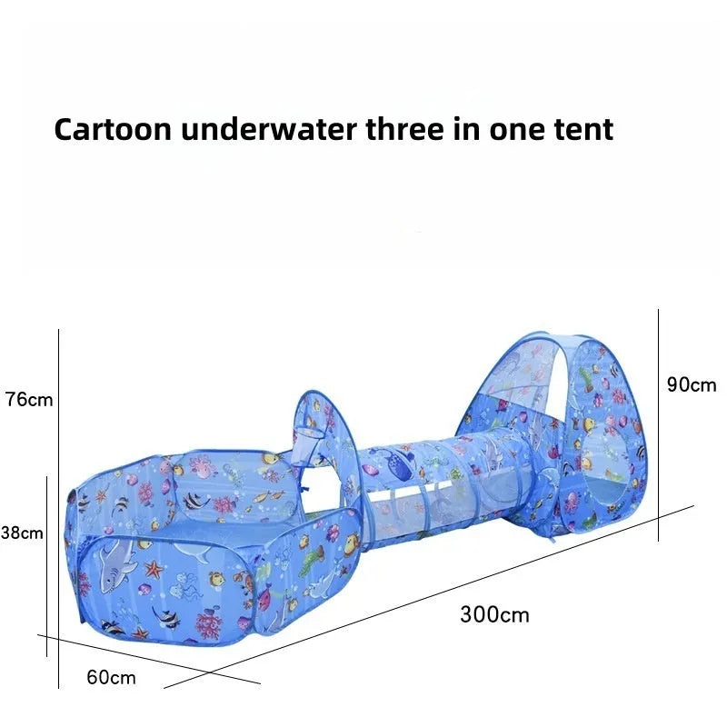 Children's three-in-one cloth play tent set with ball pool and tunnel in a cartoon marine or vehicle theme.
