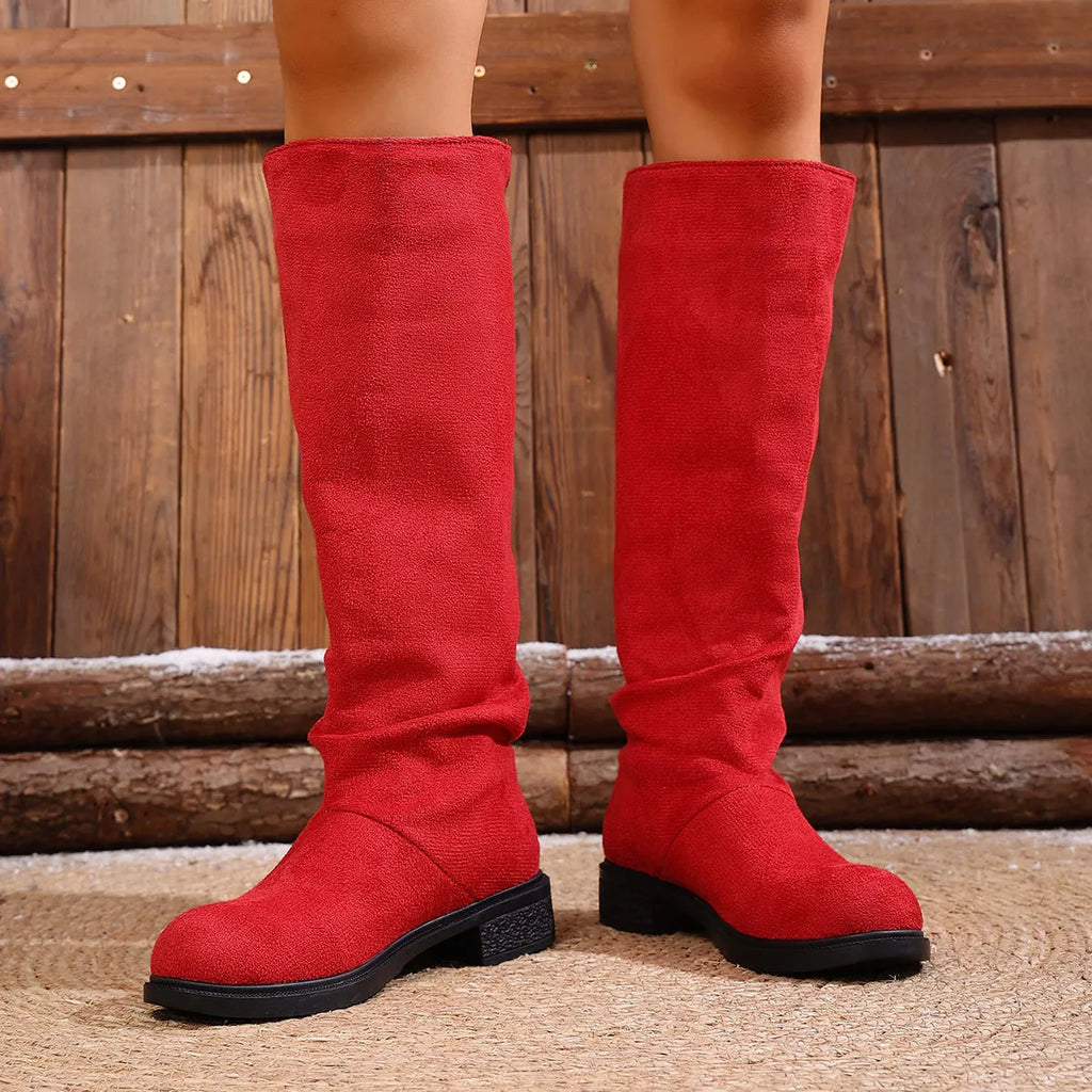 Women's cow suede chunky heel below the knee boots in solid colour with round toe