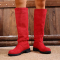 Women's cow suede chunky heel below the knee boots in solid colour with round toe
