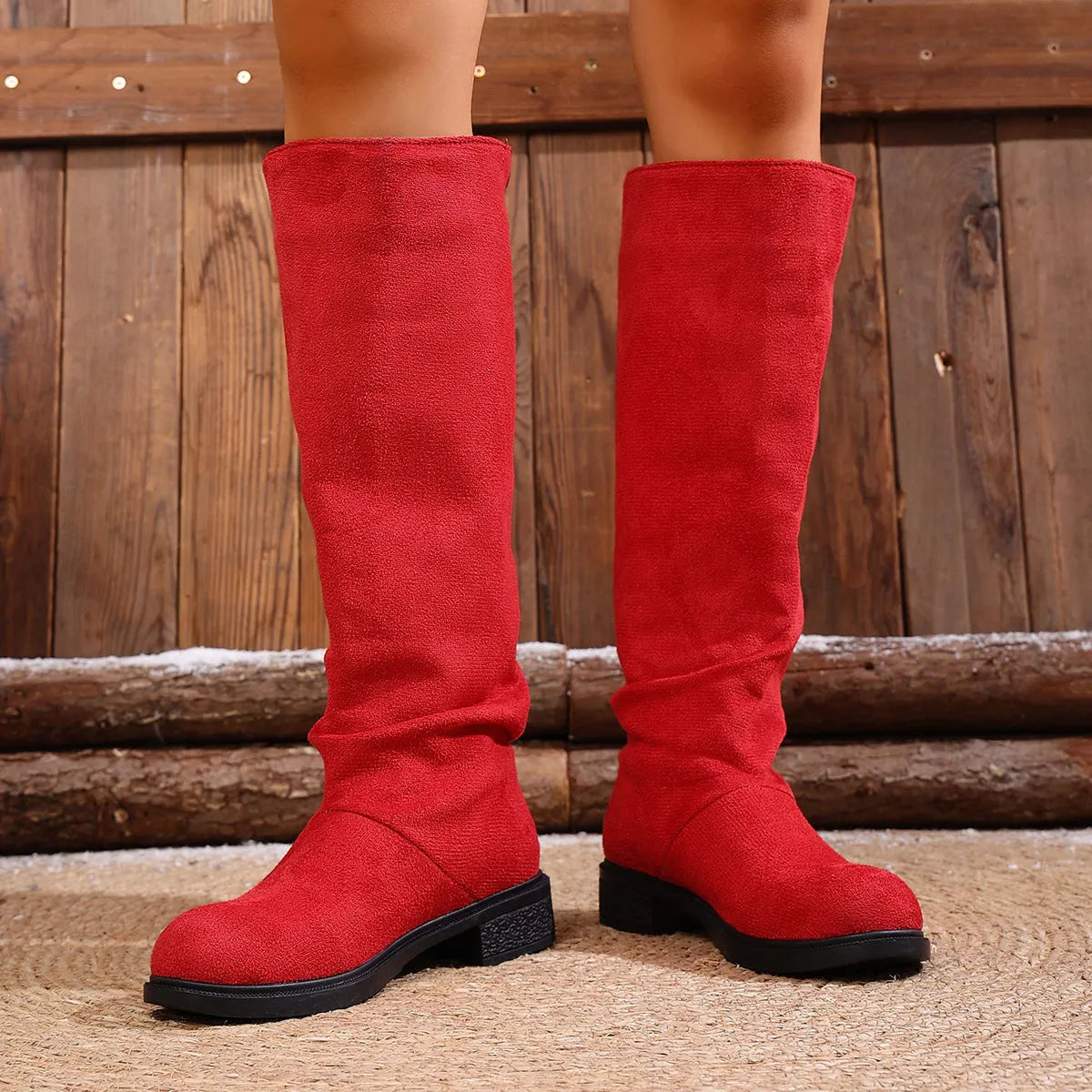 Women's cow suede chunky heel below the knee boots in solid colour with round toe