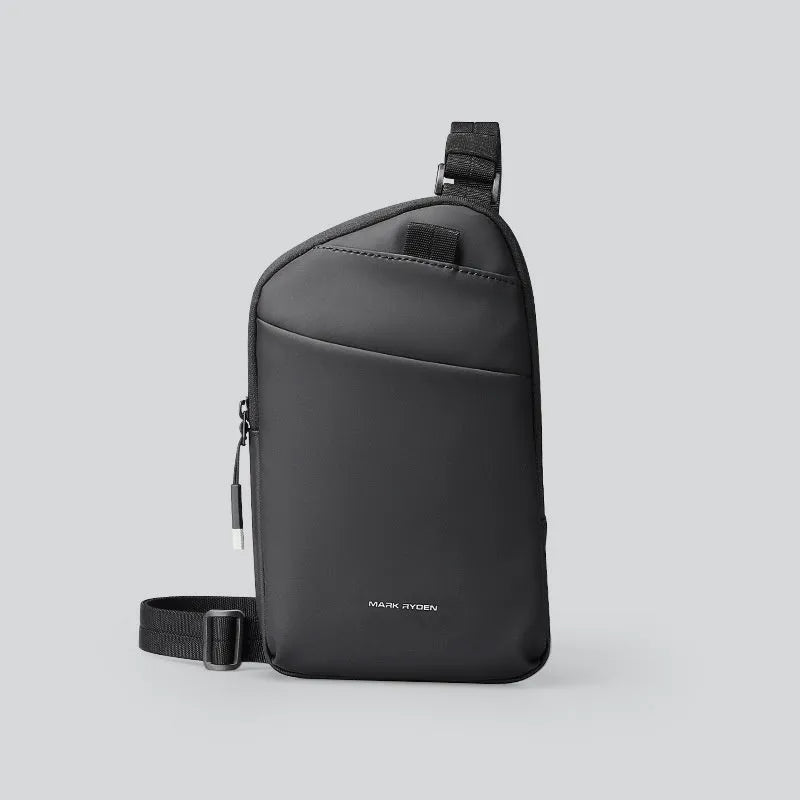 Men's black oxford cloth crossbody bag with sewing thread reinforcement