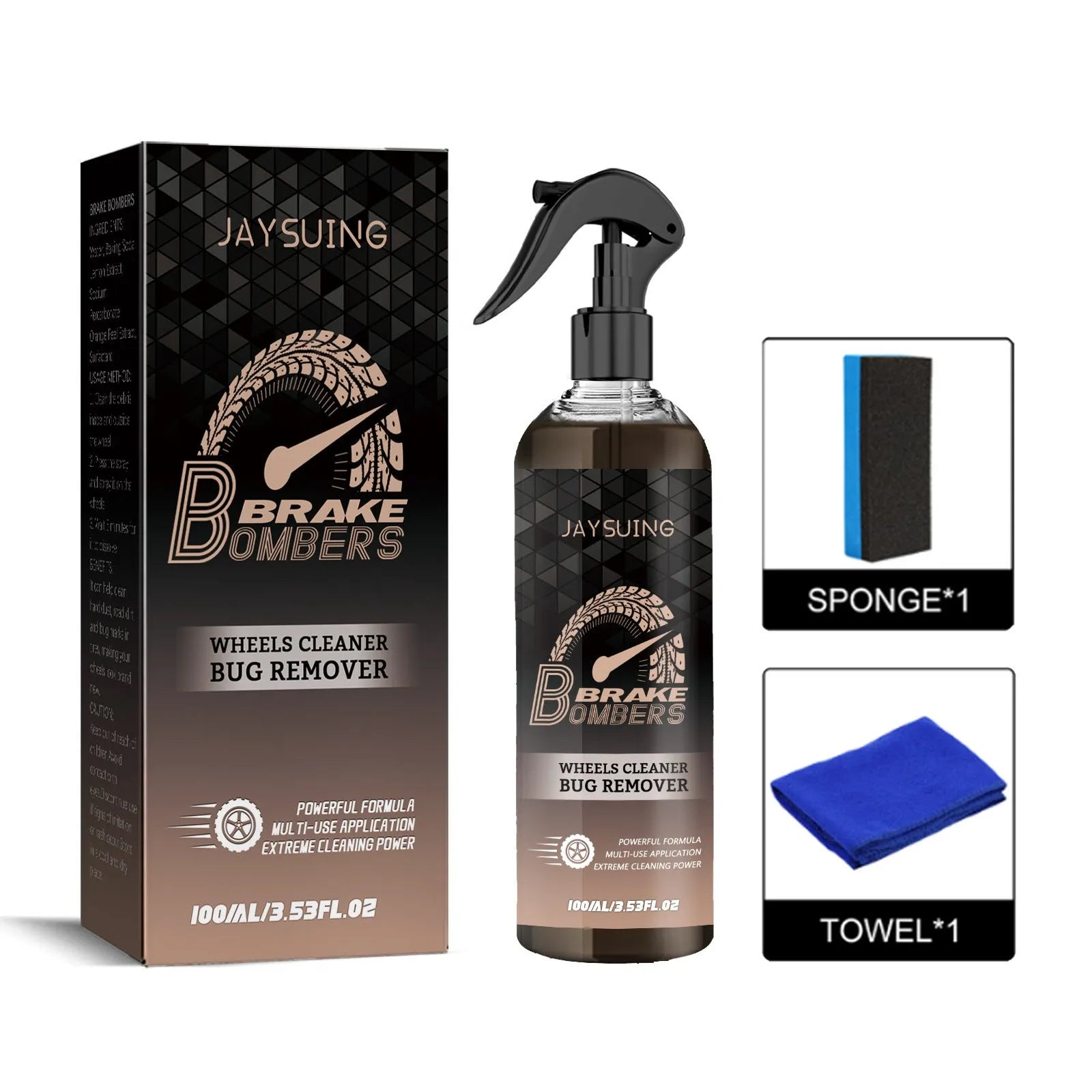 Car brake disc cleanser kit showing 100ml bottle, sponge and cloth for brake maintenance