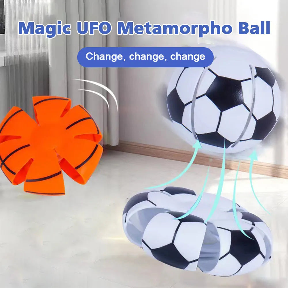 Orange glowing dog ball that transforms into a flying disc, shown on grass for scale.